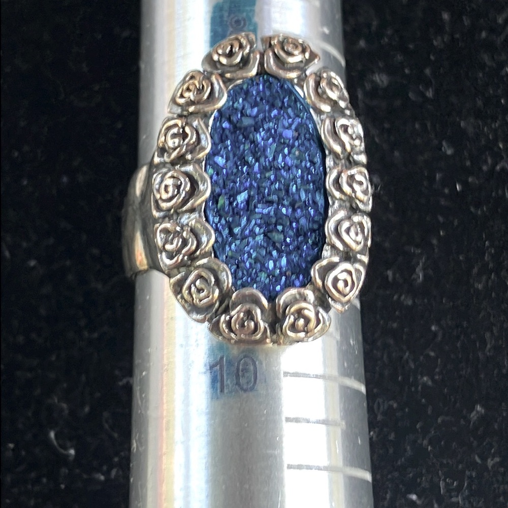 Large PZ blue druzy gems surrounded by sterling silver roses ring